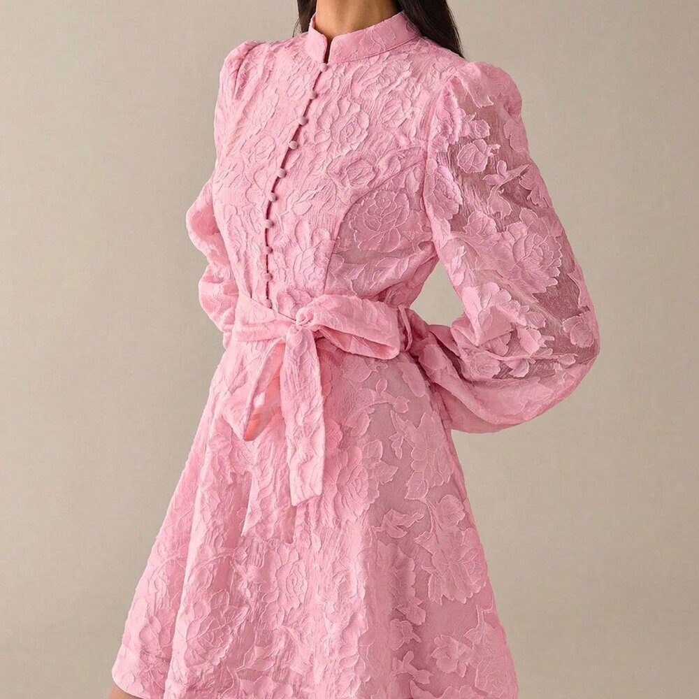 Pink Elegant Women's A-Line Short Dress with Cinched Waist, Puff Sleeves - Picture 4 of 7